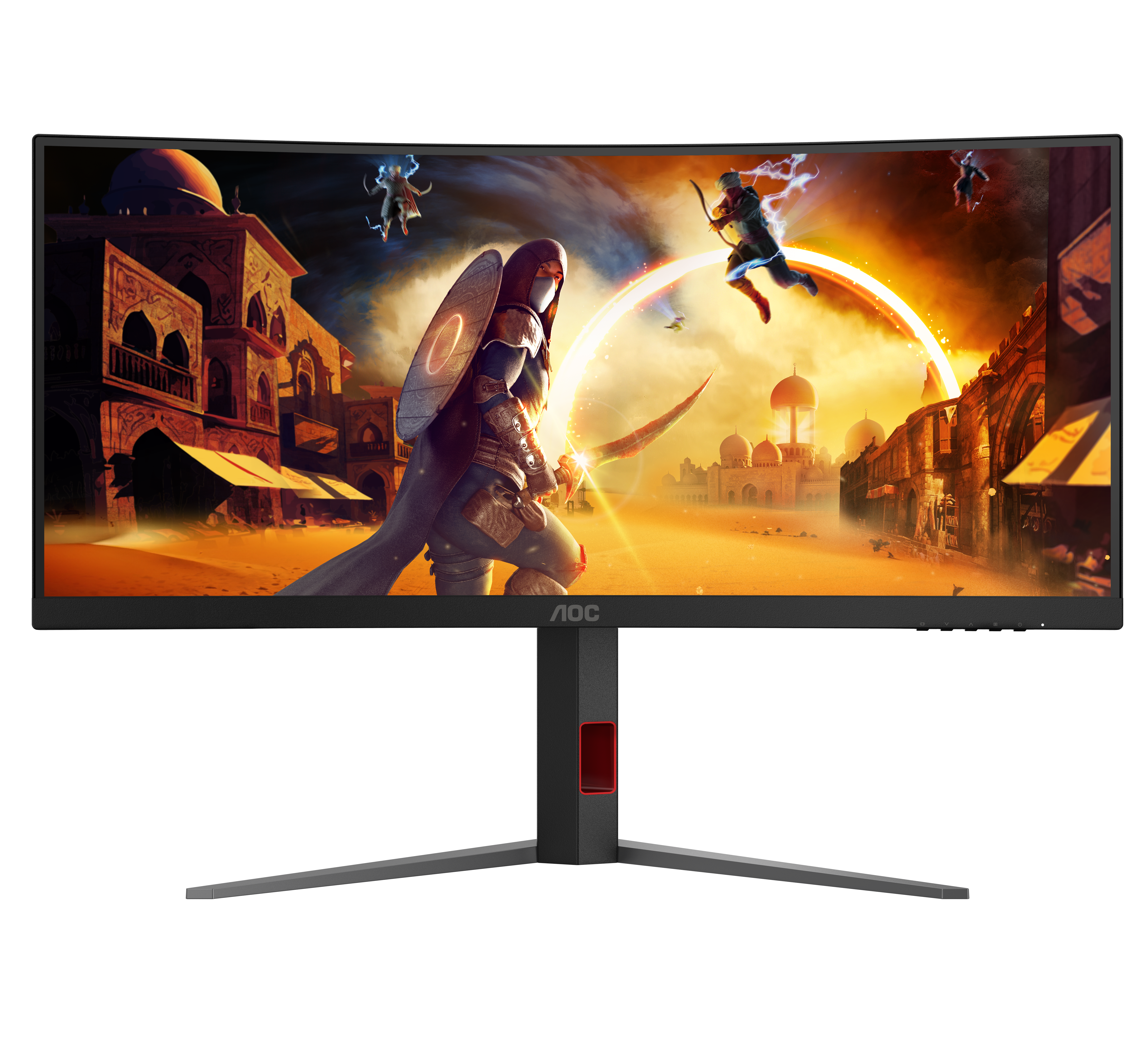 Gaming monitor displaying an action scene with a character and cityscape, brand 'AOC' visible.