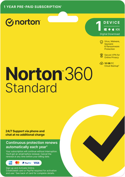 Norton 360 standard antivirus security 1 year subscription for 1 device