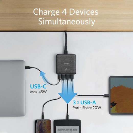 ANKER PowerPort Atom III Slim Wall Charger (Four Ports) III 4 PORT 65WATT - Black Fabric
